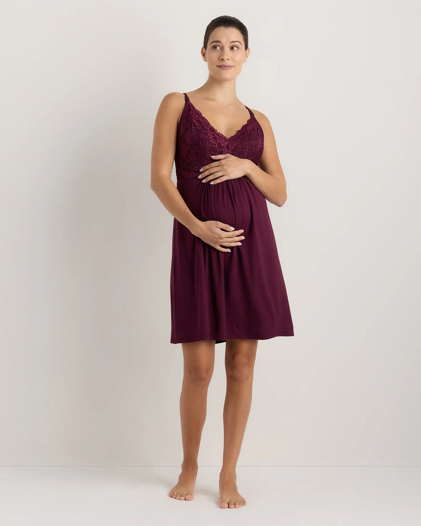 Bamboo Jersey Lace Detail Maternity & Nursing Nightgown - XS / Wine Tasting Red