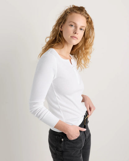 Organic Cotton Micro-Rib Henley Long Sleeve Tee - XS / Heather Oatmeal