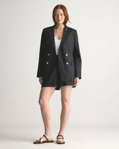 100% European Linen Relaxed Double-Breasted Blazer - XS / Blue Pinstripe