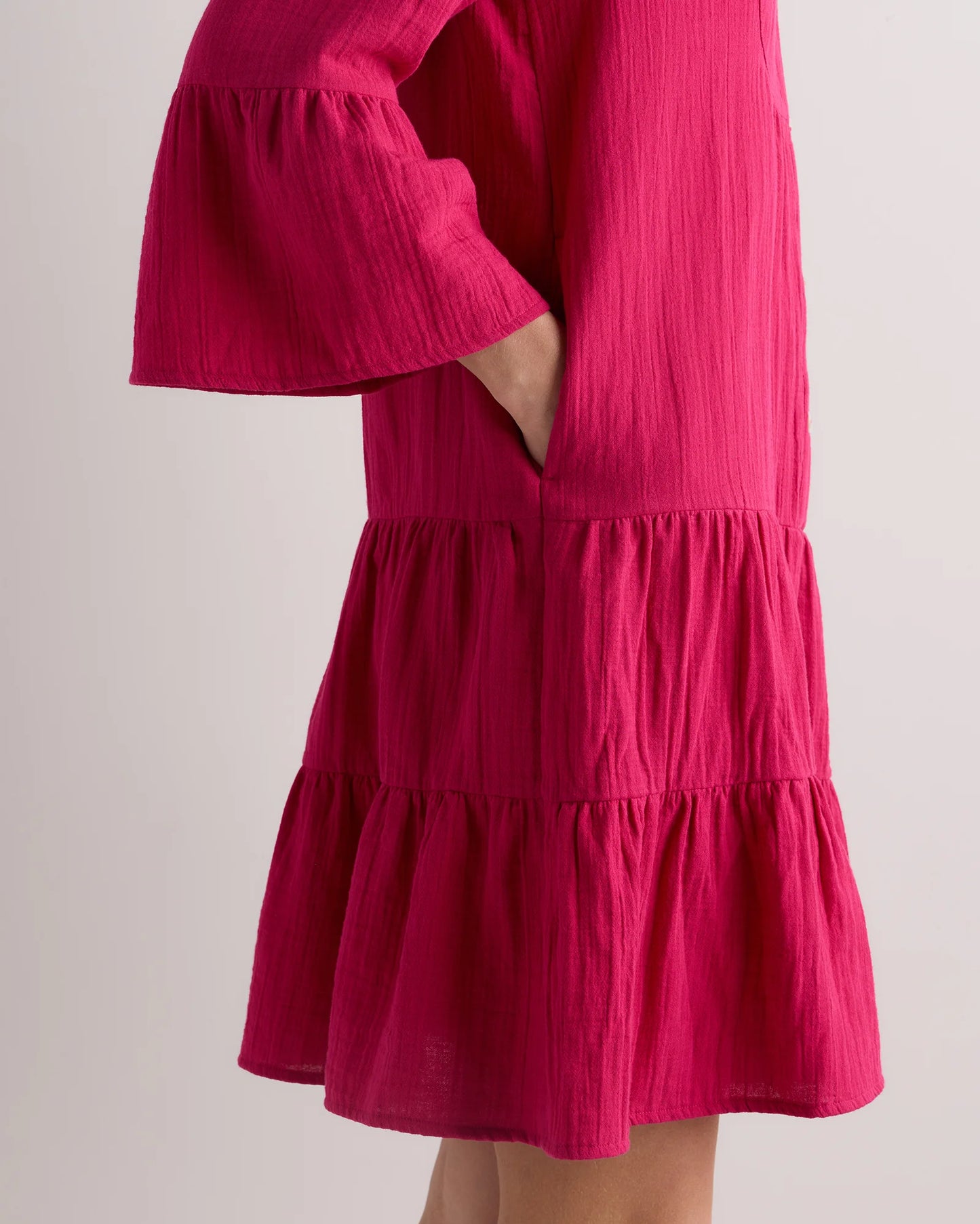100% Organic Cotton Gauze Long Sleeve Tiered Mini Dress - XS / Amaranth Pink