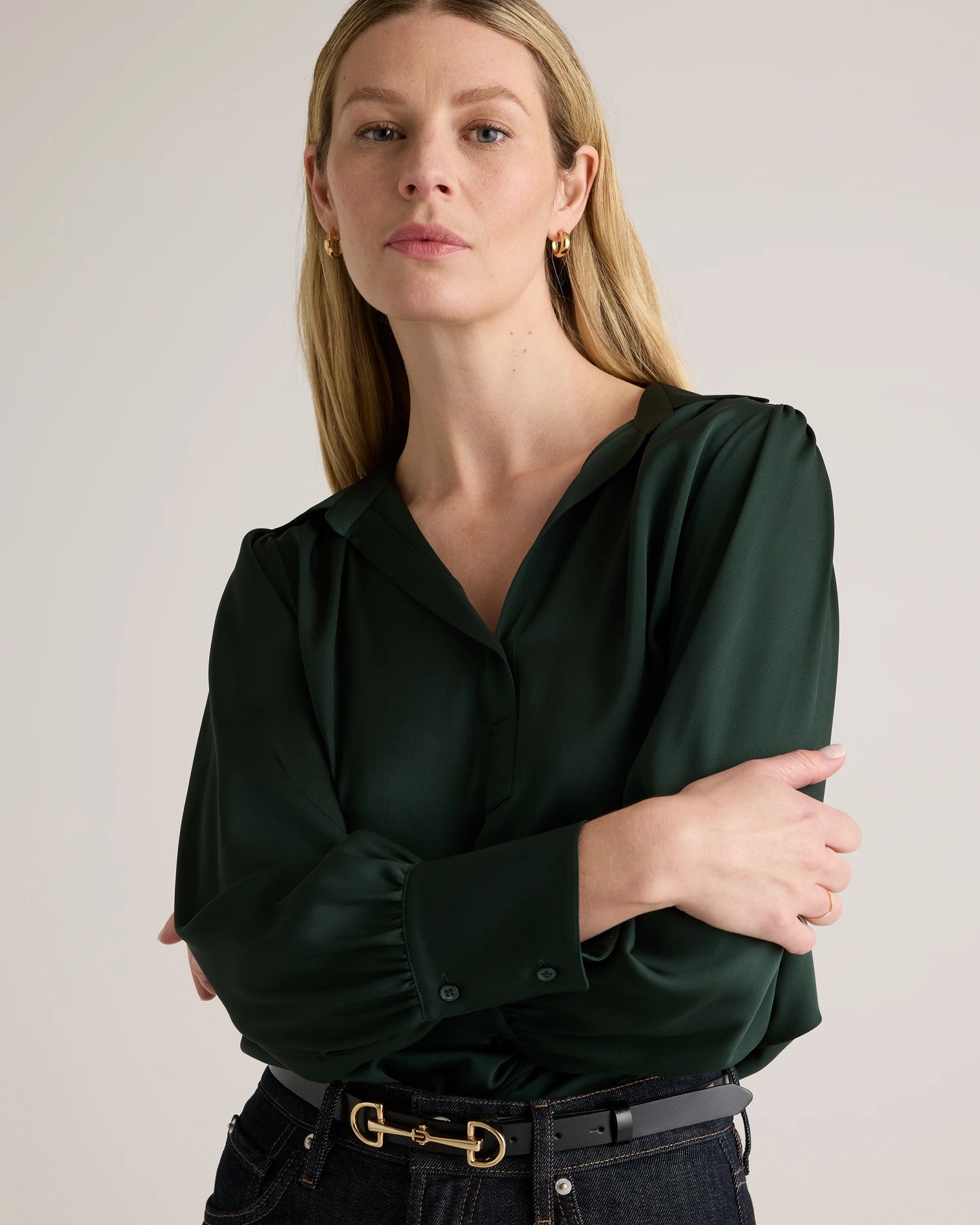 Washable Stretch Silk Split Neck Blouse - XS / Forest Green