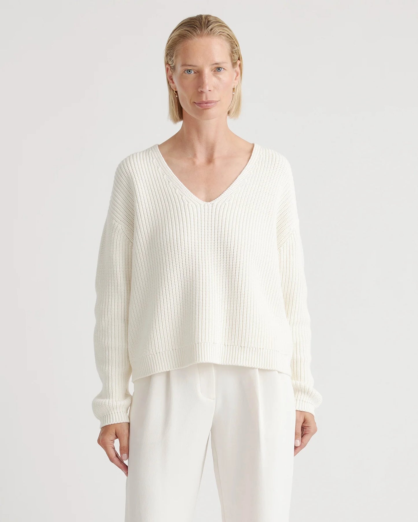 100% Organic Cotton Fisherman V-Neck Sweater - XS / Heather Brown