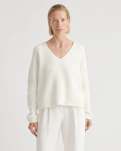 100% Organic Cotton Fisherman V-Neck Sweater - XS / Heather Brown