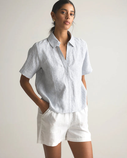 100% European Linen Short Sleeve Popover Top - XS / Blue Pinstripe