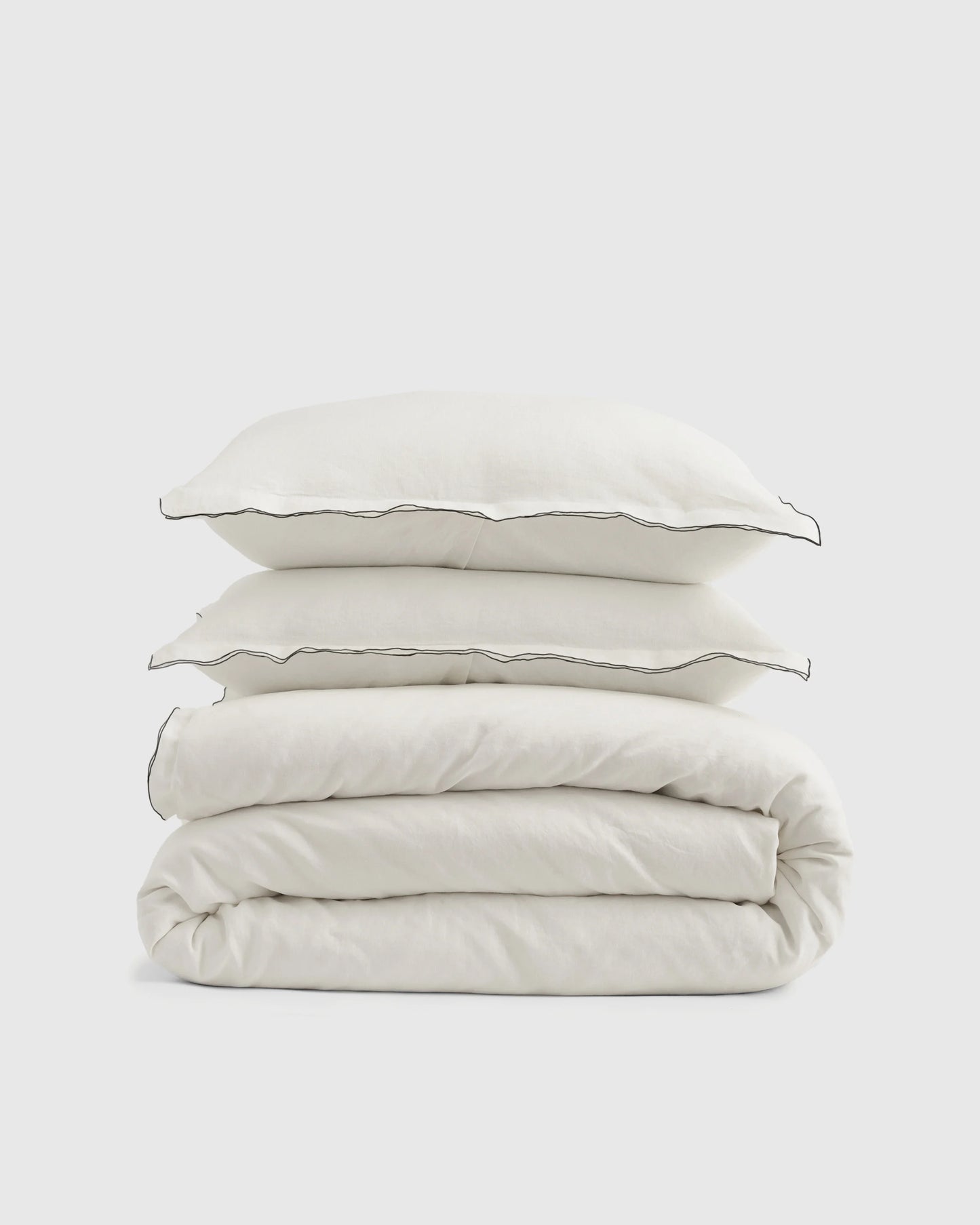European Linen Double Embroidered Edge Duvet Cover Set - Twin / Sand with Terracotta Embroidery