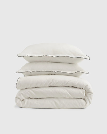 European Linen Double Embroidered Edge Duvet Cover Set - Twin / Sand with Terracotta Embroidery