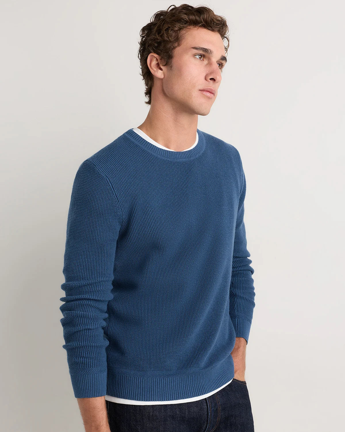 Organic Cotton Cashmere Waffle Crewneck Sweater - S / Bayberry Olive