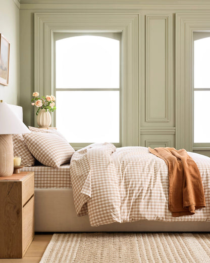 Organic Crisp Percale Gingham Duvet Cover Set - Twin / Cafe