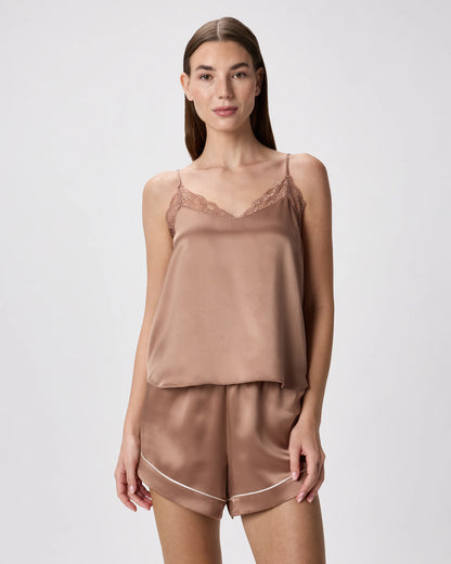 100% Washable Silk Satin Lace Cami Pajama Top - XS / Black