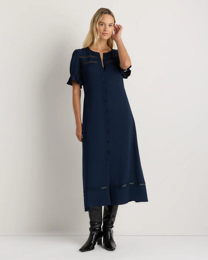 Lightweight Crepe Lace Inset Midi Dress - XS / Moonstone Blue