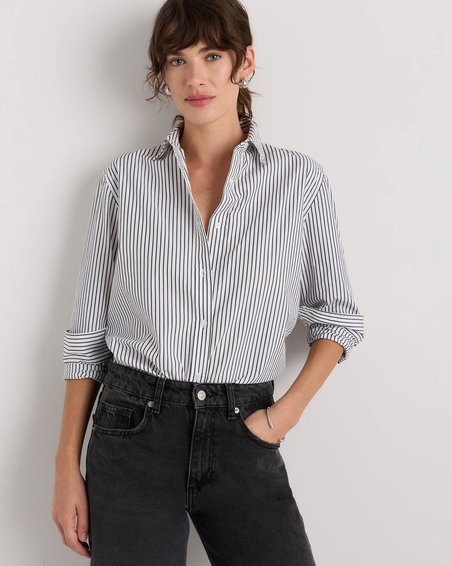 100% Organic Cotton Poplin Long Sleeve Shirt - XS / Delta Blue Double Stripe