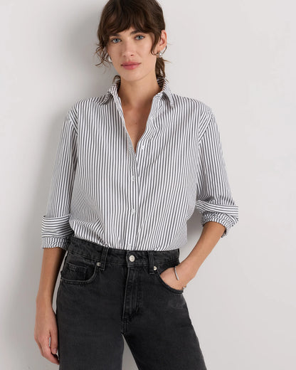 100% Organic Cotton Poplin Long Sleeve Shirt - XS / Delta Blue Double Stripe