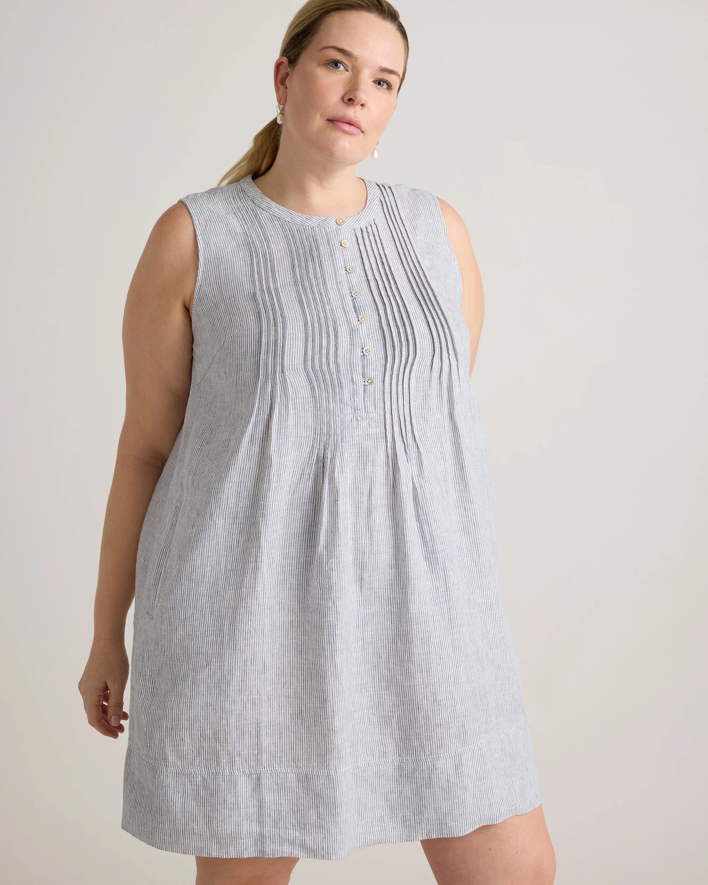 100% European Linen Sleeveless Swing Dress - 1X / Bayberry Olive