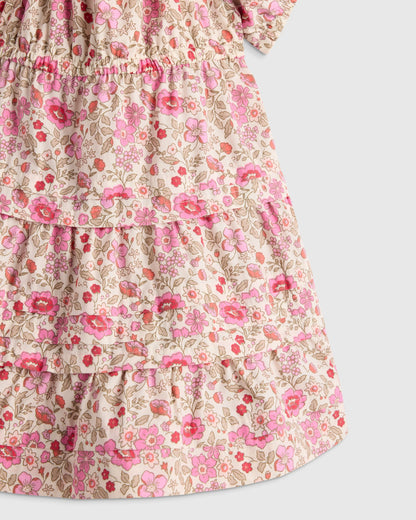 100% Organic Cotton Poplin Tiered Dress - 3-6M / Peach Floral
