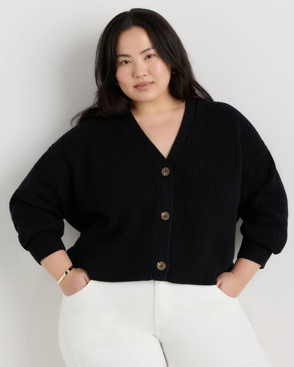 100% Organic Cotton Fisherman Boxy Cropped Cardigan - 1X / Black