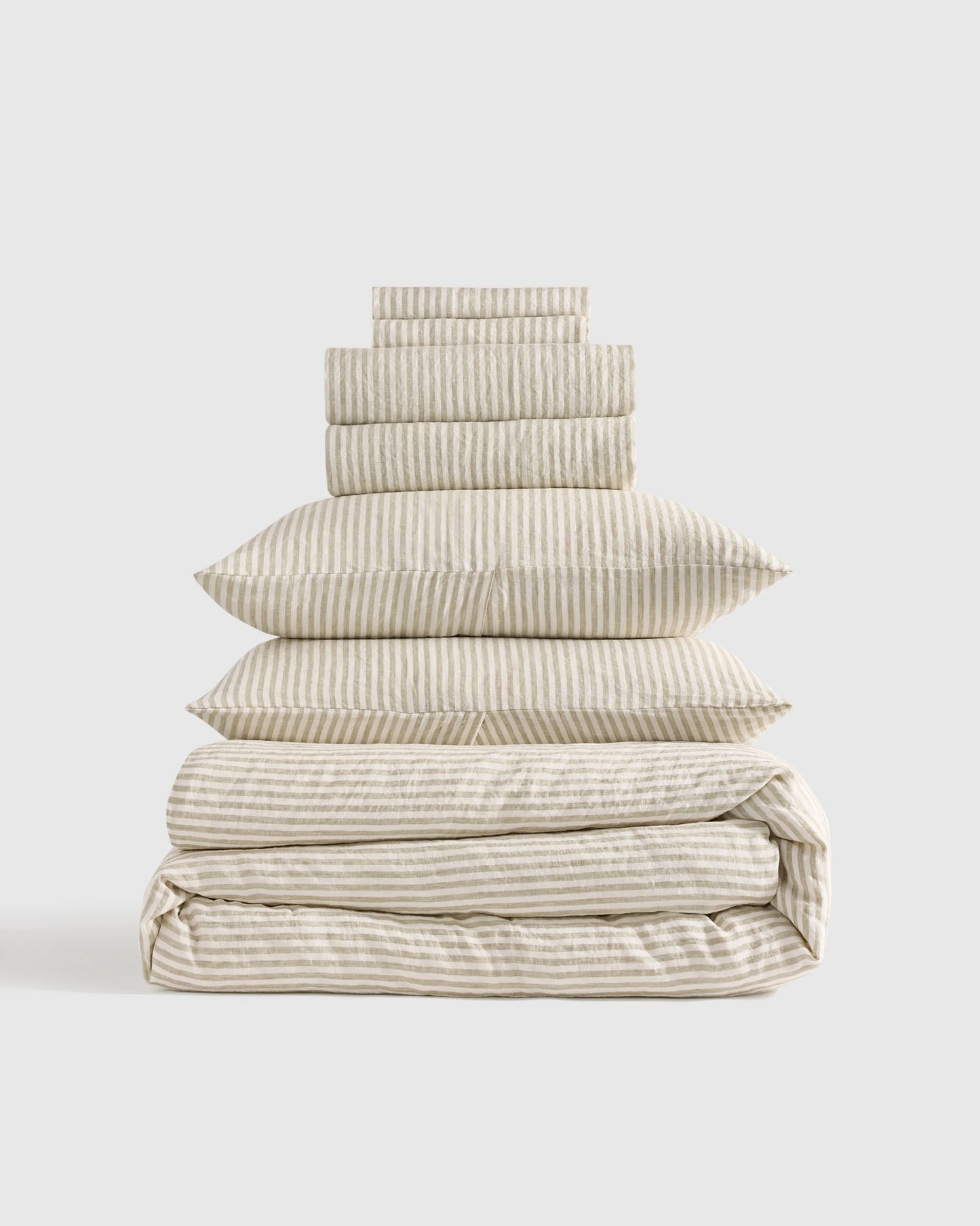 European Linen Stripe Deluxe Bedding Bundle - Twin / Willowleaf/White Stripe