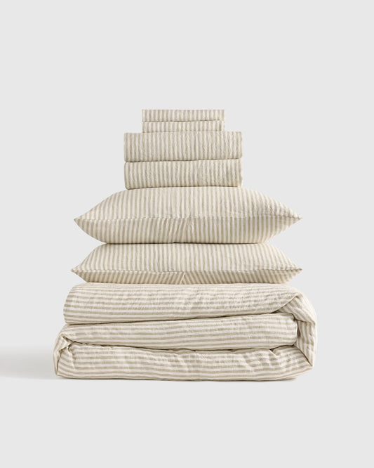 European Linen Stripe Deluxe Bedding Bundle - Twin / Willowleaf/White Stripe