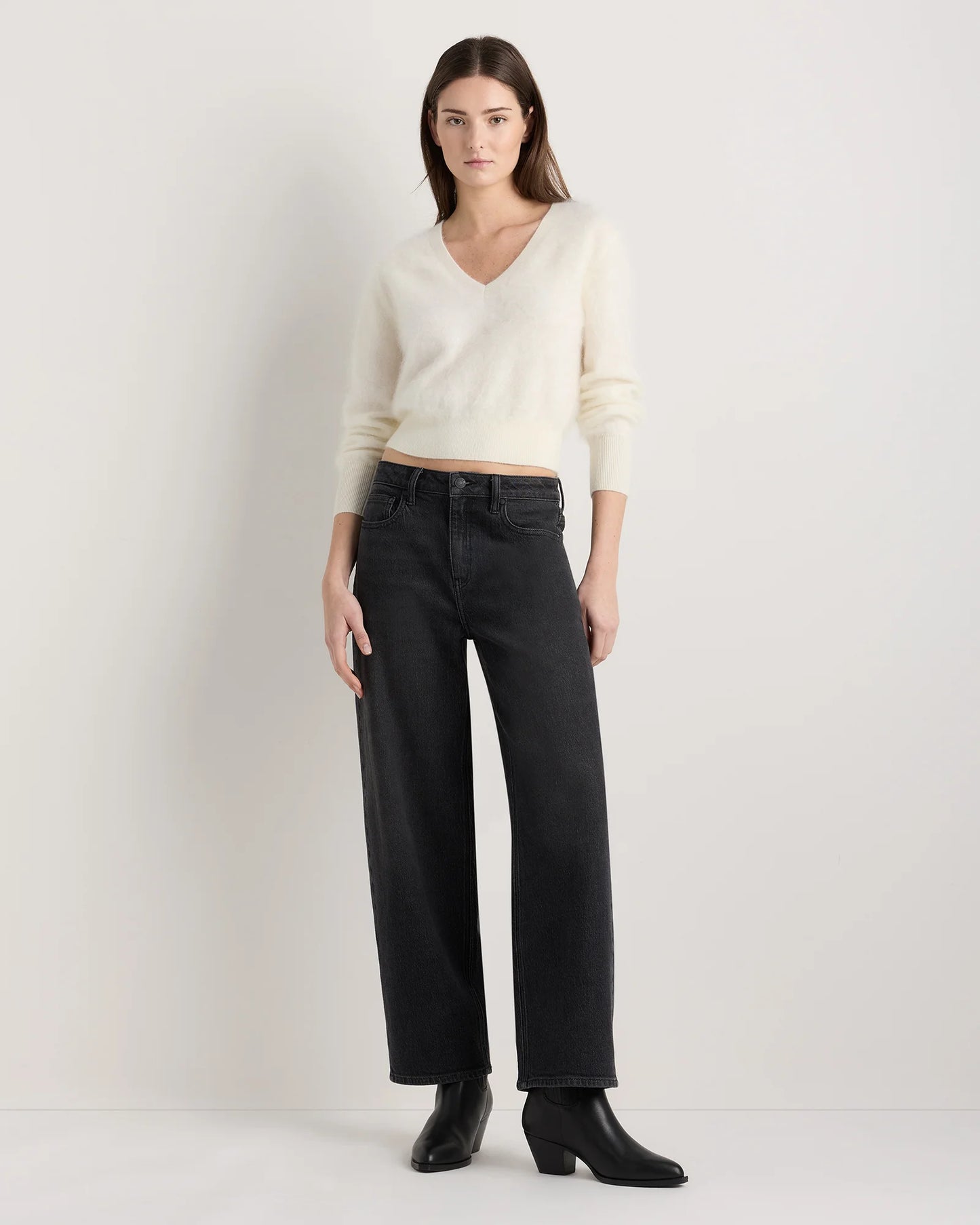 Brushed Cashmere Shrunken V-Neck Sweater - XS / Heather Grey