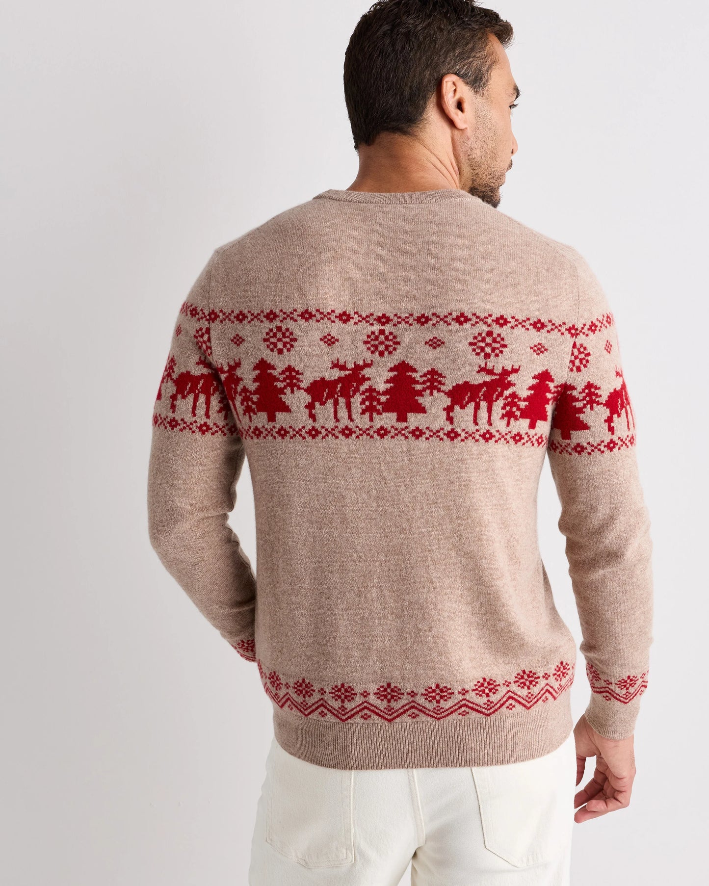 Mongolian Cashmere Fair Isle Christmas Sweater - S / Oatmeal/Varsity Red