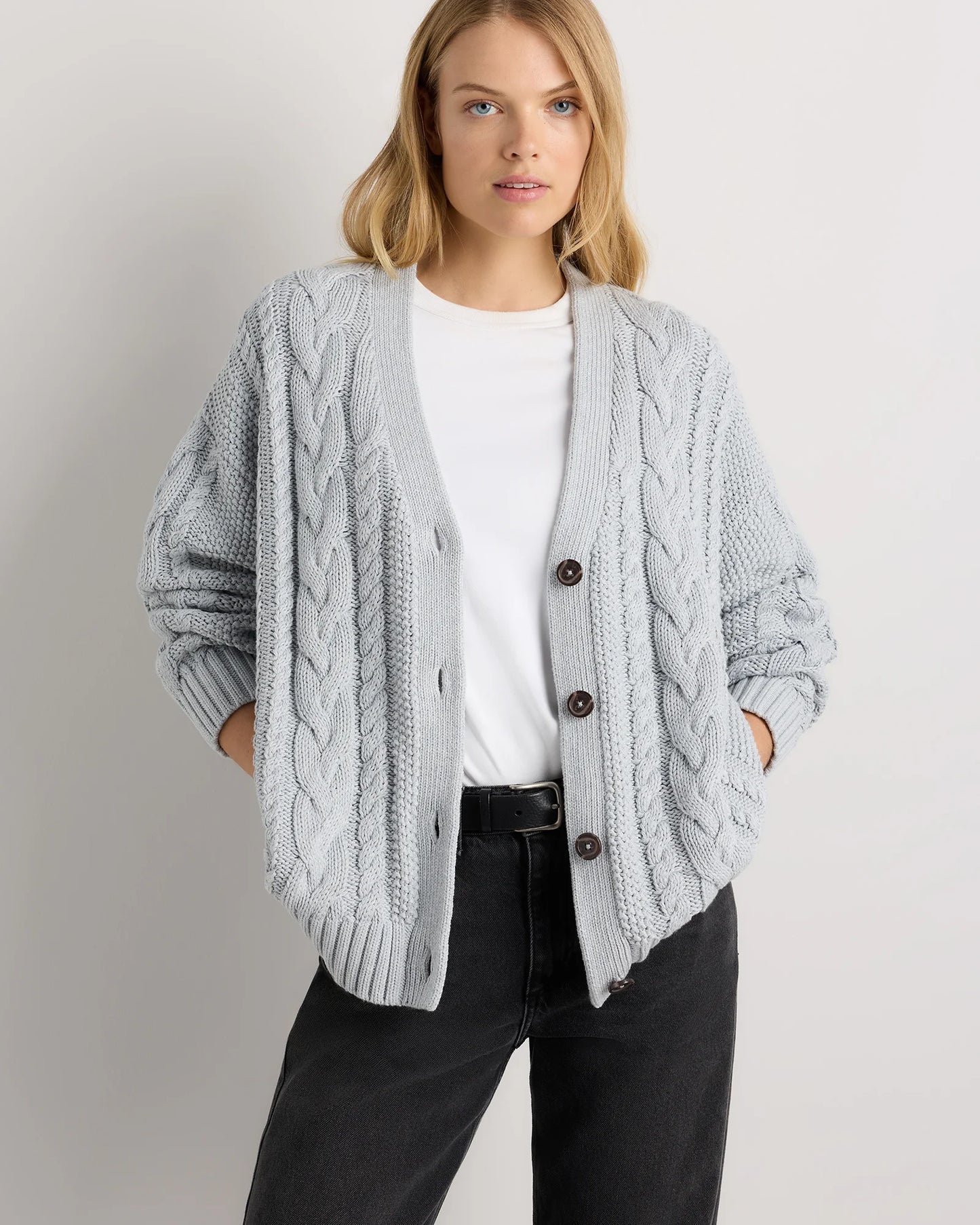 100% Organic Cotton Oversized Cable Cardigan - XS / Heather Brown