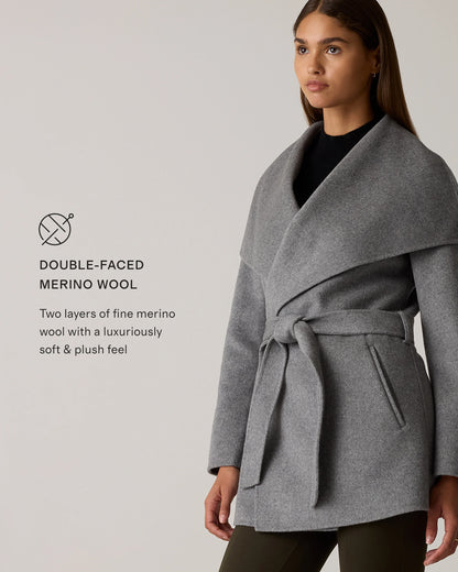 Double-Faced Merino Wool Draped Collar Short Wrap Coat - XS / Cocoa Melange
