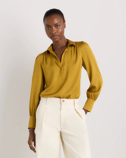 Washable Stretch Silk Split Neck Blouse - XS / Forest Green