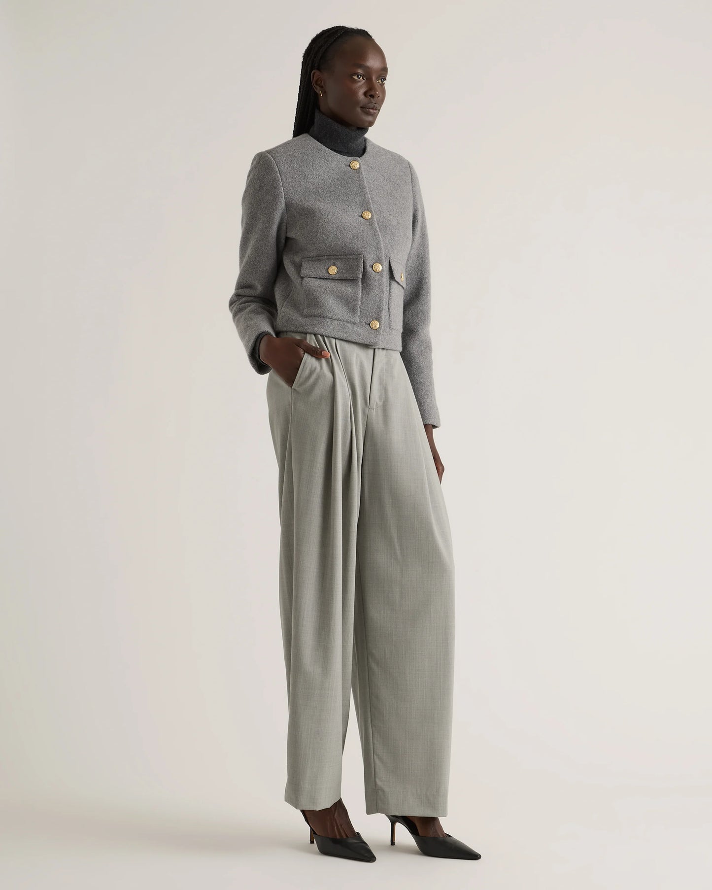 100% Merino Wool Collarless Cropped Jacket - XS / Heather Bone