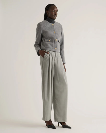 100% Merino Wool Collarless Cropped Jacket - XS / Heather Bone