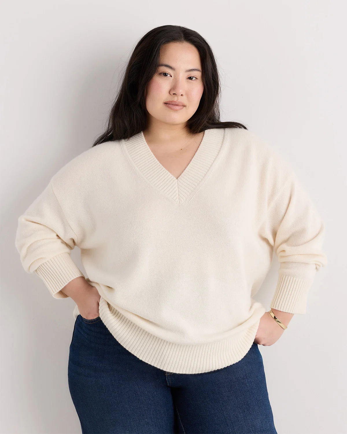 Mongolian Cashmere Oversized V-Neck Sweater - 1X / Pale Custard Yellow
