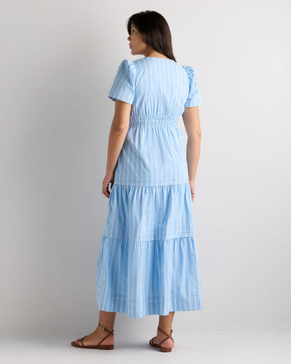 100% Organic Cotton Poplin Maternity Tiered Maxi Dress - XS / Riviera Blue Heirloom Floral