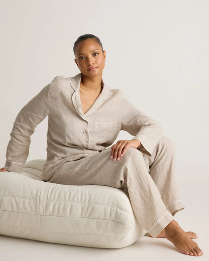 100% European Linen Long Sleeve Pajama Set with Piping - XS / Taupe Brown Gingham