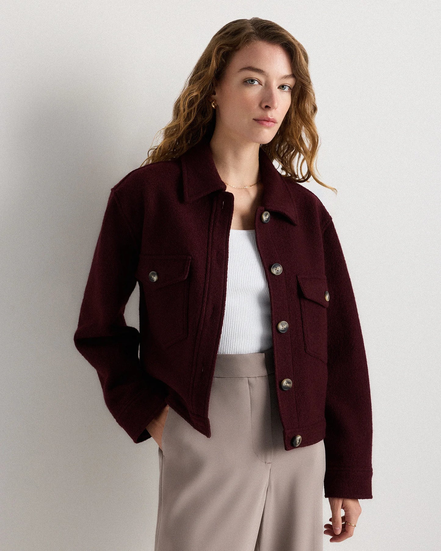100% Merino Wool Cropped Shirt Jacket - XS / Mulled Wine
