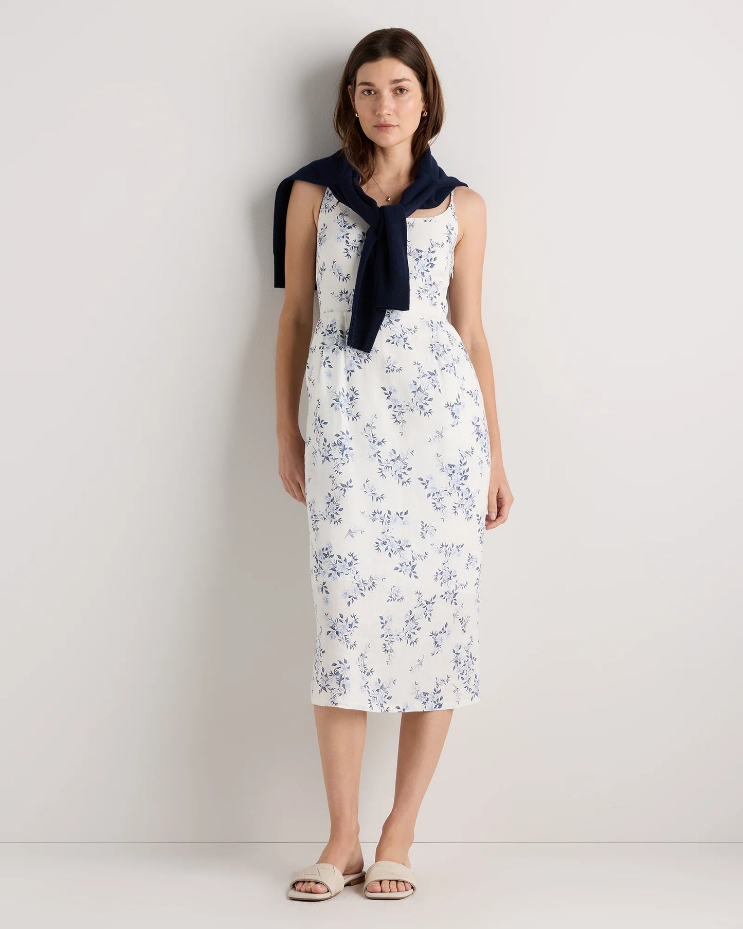 100% European Linen Scoop Neck Midi Dress - XS / Ivory Porcelain Blue Petite Floral