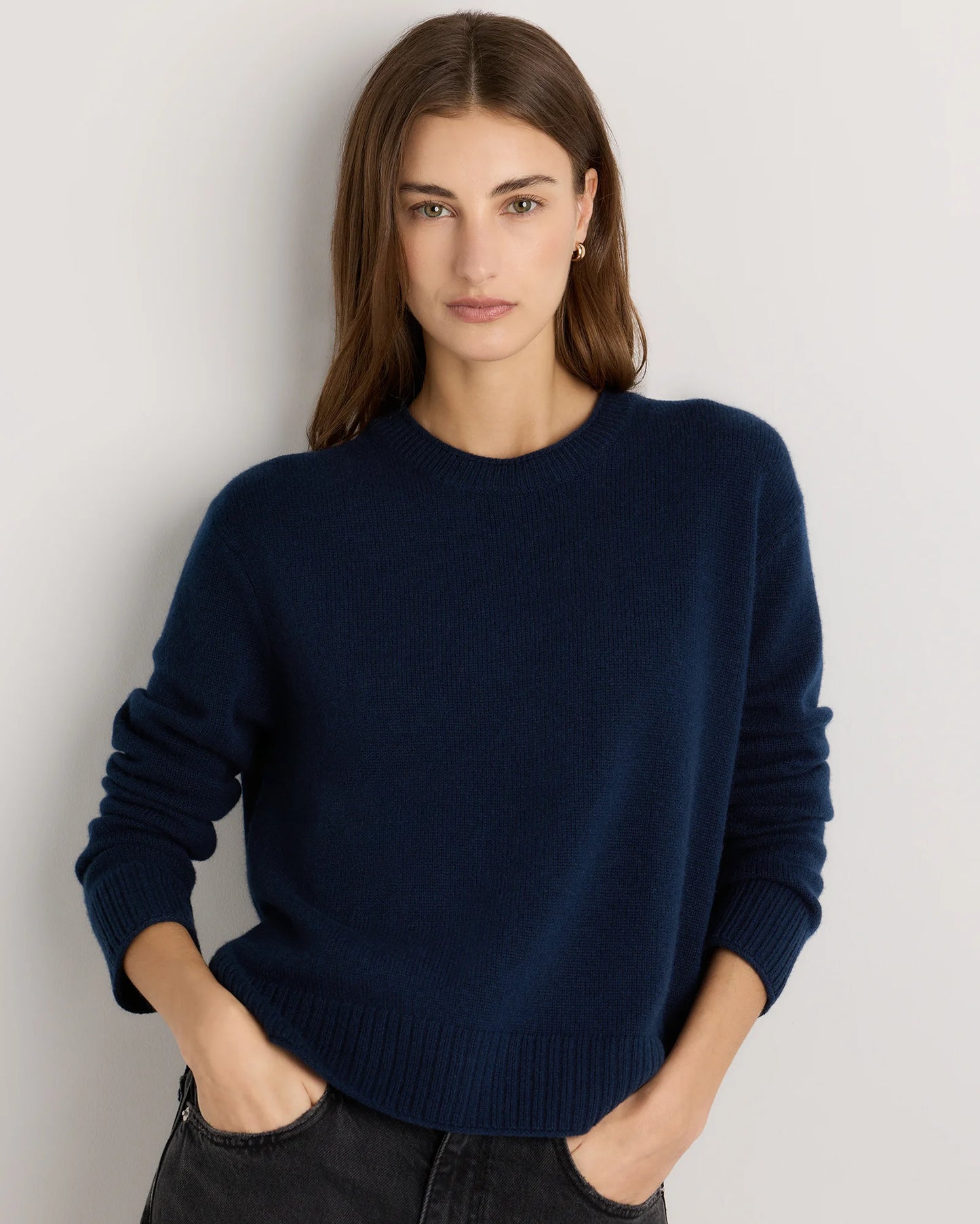 Mongolian Cashmere Boxy Crewneck Sweater - XS / Faded Denim/Brown/Ivory Variegated Stripe