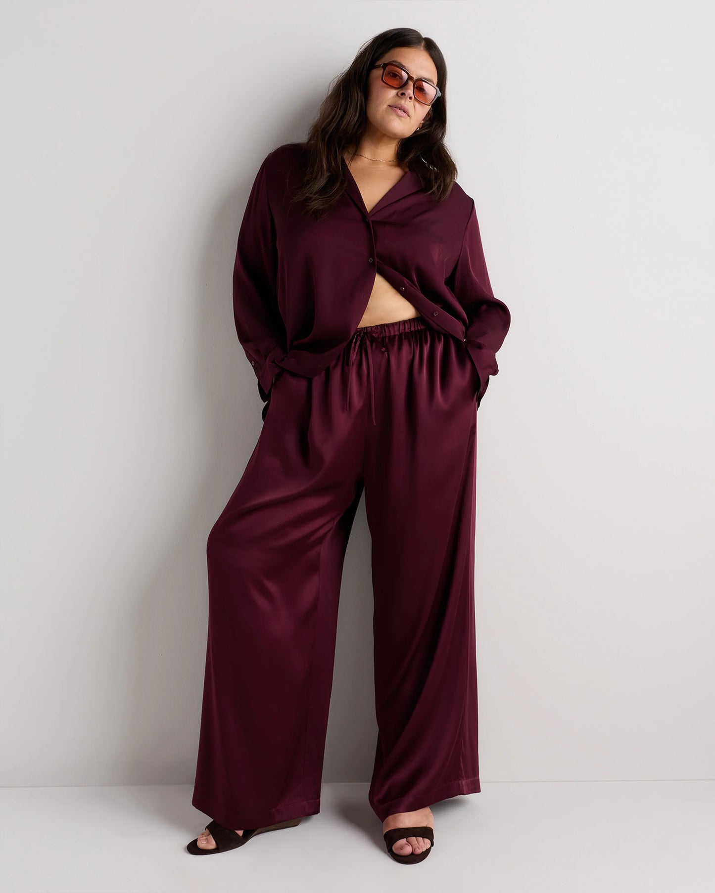 100% Washable Silk Drawstring Wide Leg Pants - 1X / Black