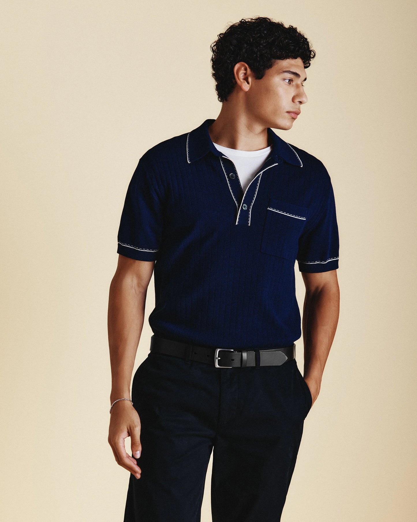 Organic Cotton-Silk Tipped Polo Sweater - S / Navy/Ivory