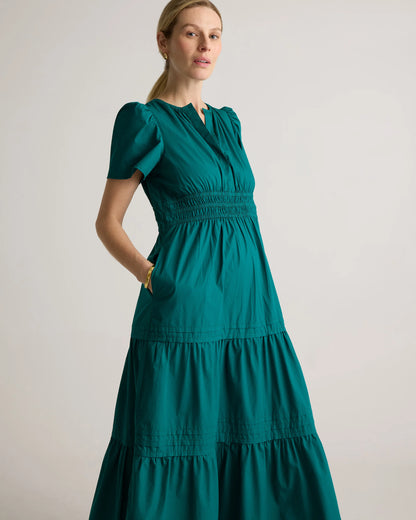 100% Organic Cotton Poplin Maternity Tiered Maxi Dress - XS / Riviera Blue Heirloom Floral