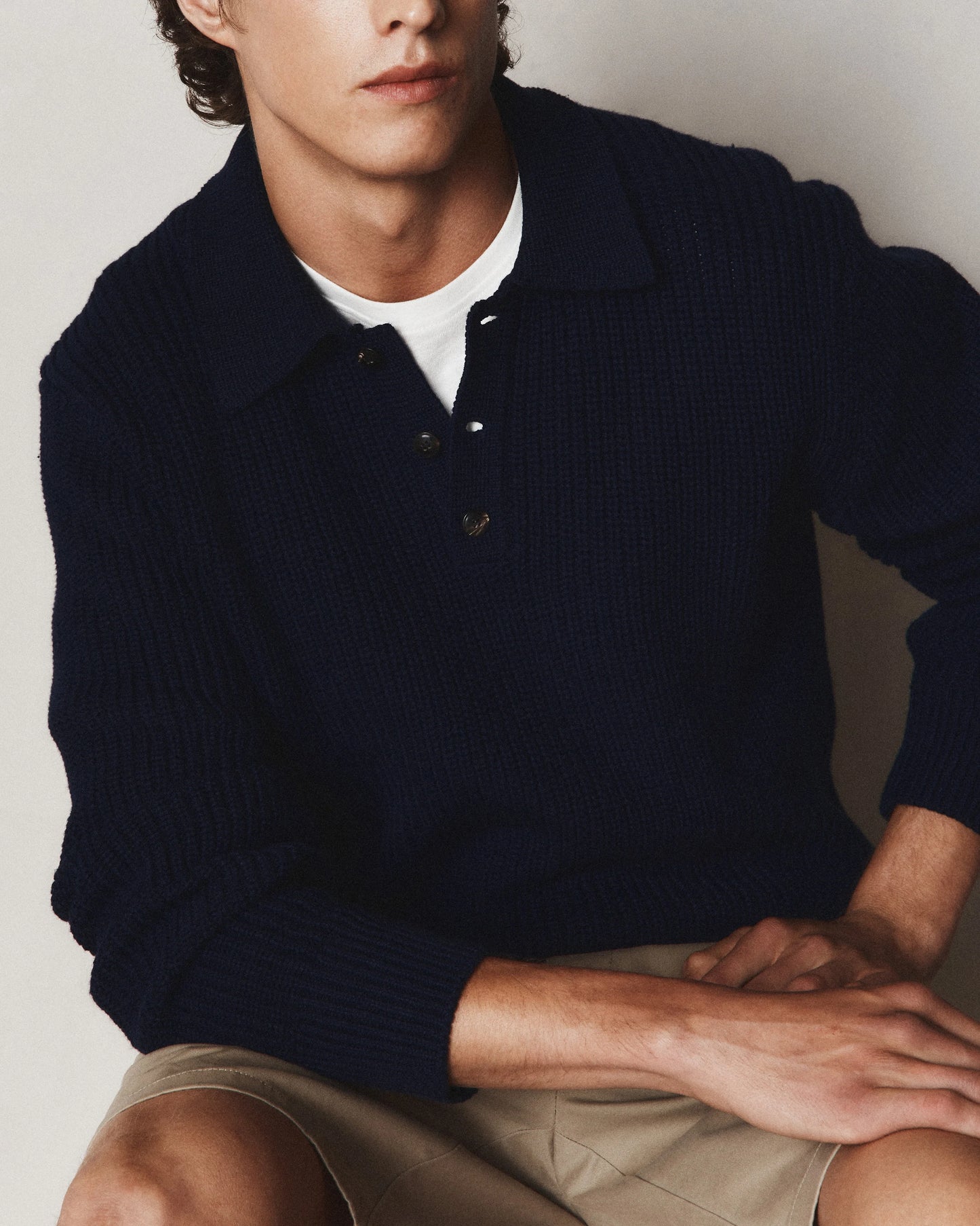 100% Organic Cotton Fisherman Polo Sweater - S / Alabaster