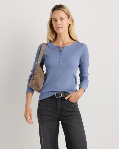 Organic Cotton Micro-Rib Henley Long Sleeve Tee - XS / Heather Oatmeal