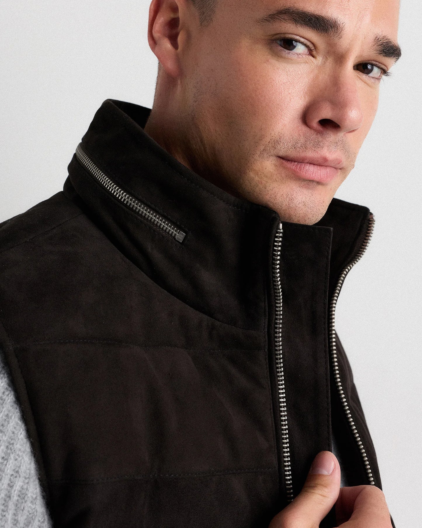 100% Suede Puffer Vest - S / Charcoal Black
