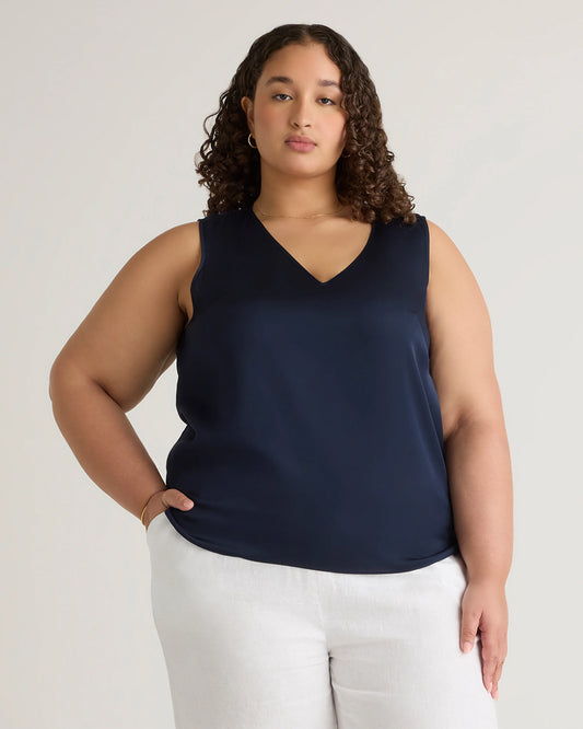 Washable Stretch Silk Tank - 1X / Navy