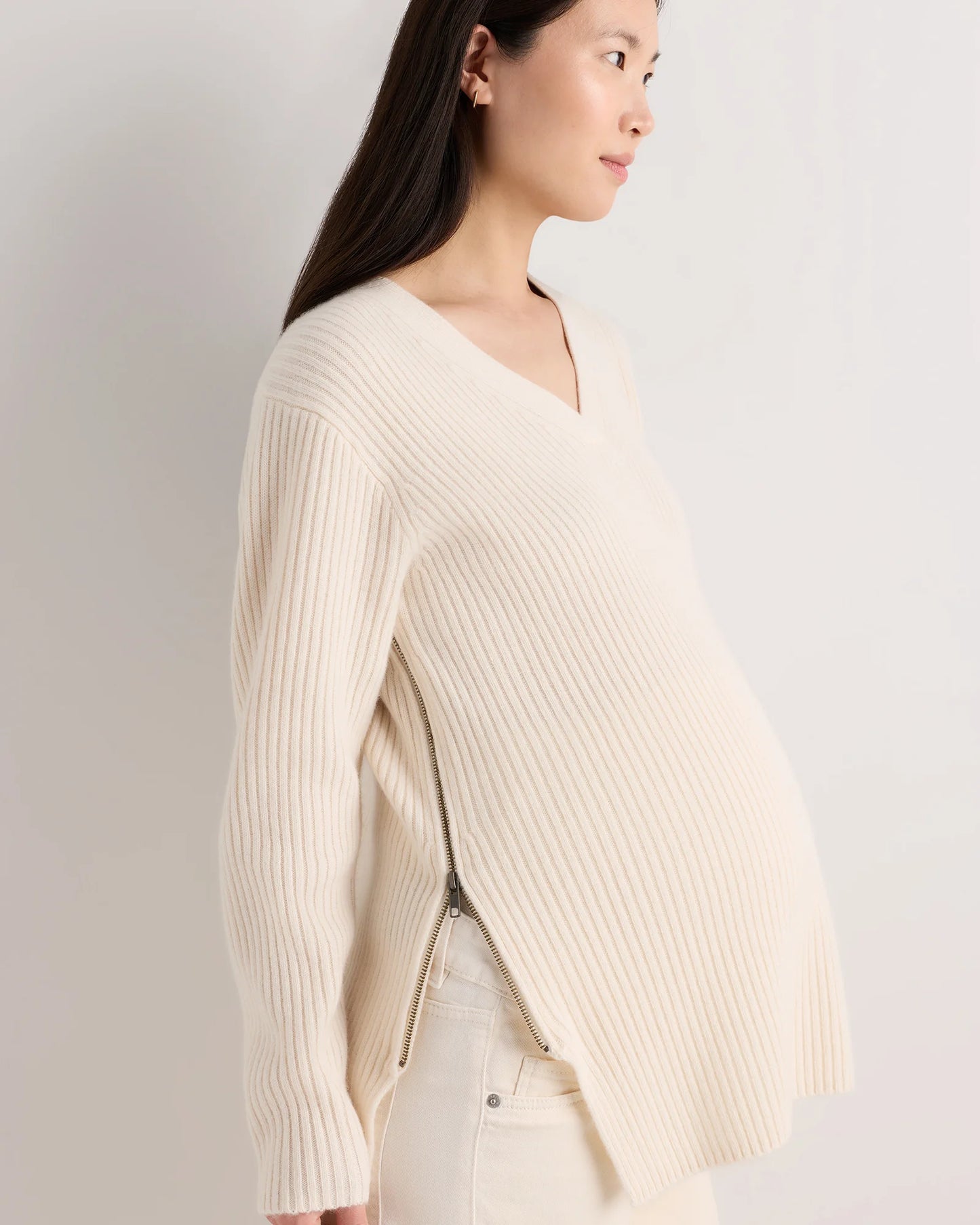 Mongolian Cashmere Ribbed Side Zip Maternity Sweater - XS / Heather Vintage Pink