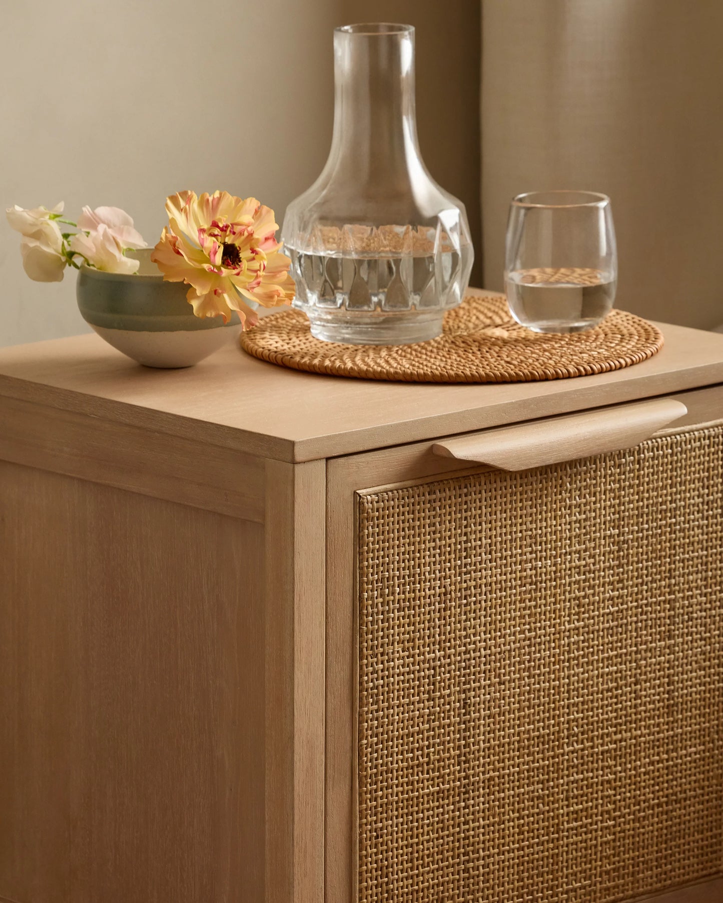Solid Wood and Natural Rattan 1-Door Nightstand - Right Side / Natural