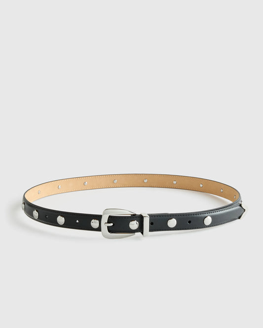 Alyssa European Leather Studded Skinny Belt - XS / Black/Silver