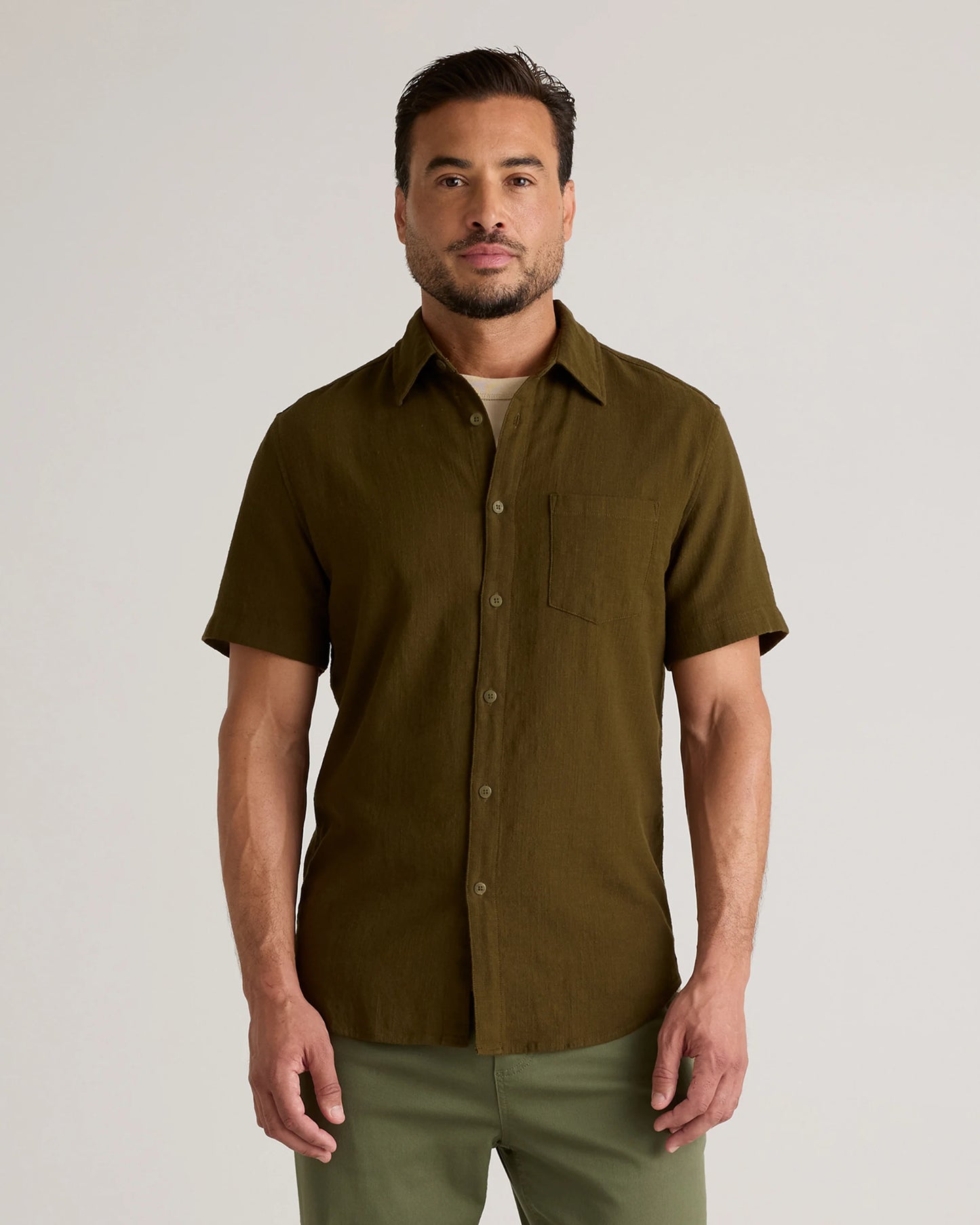 Organic Cotton Stretch Selvage Short Sleeve Shirt - S / Olive
