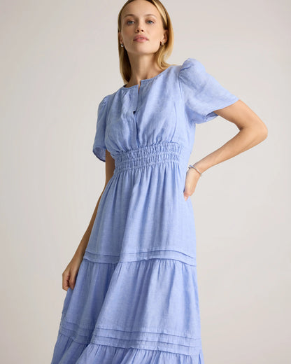 100% European Linen Tiered Maxi Dress - XS / Ivory Porcelain Blue Petite Floral