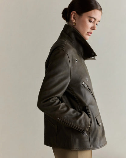 100% Leather Oversized Biker Jacket - XS / True Black
