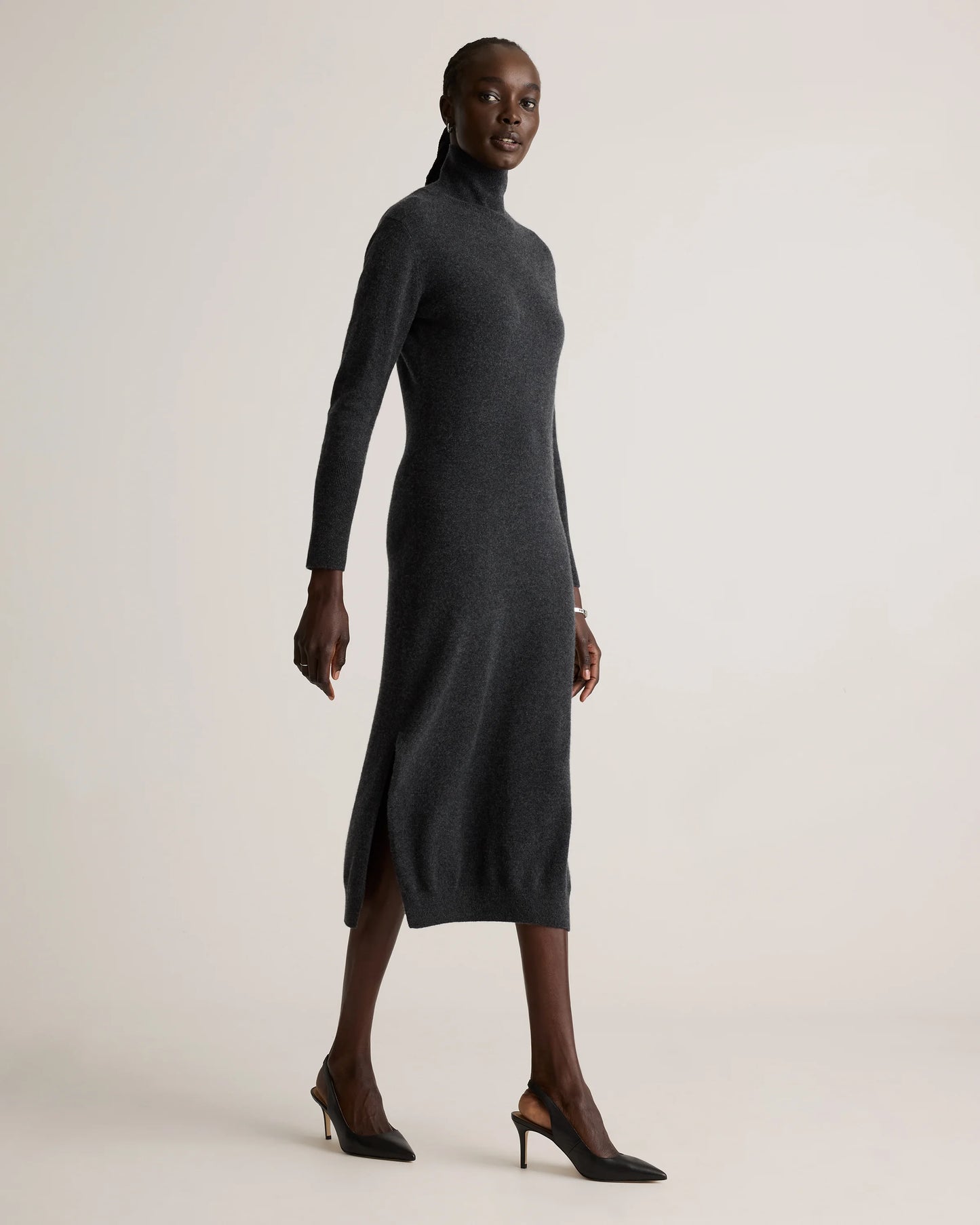 Mongolian Cashmere Turtleneck Midi Sweater Dress - XS / Charcoal