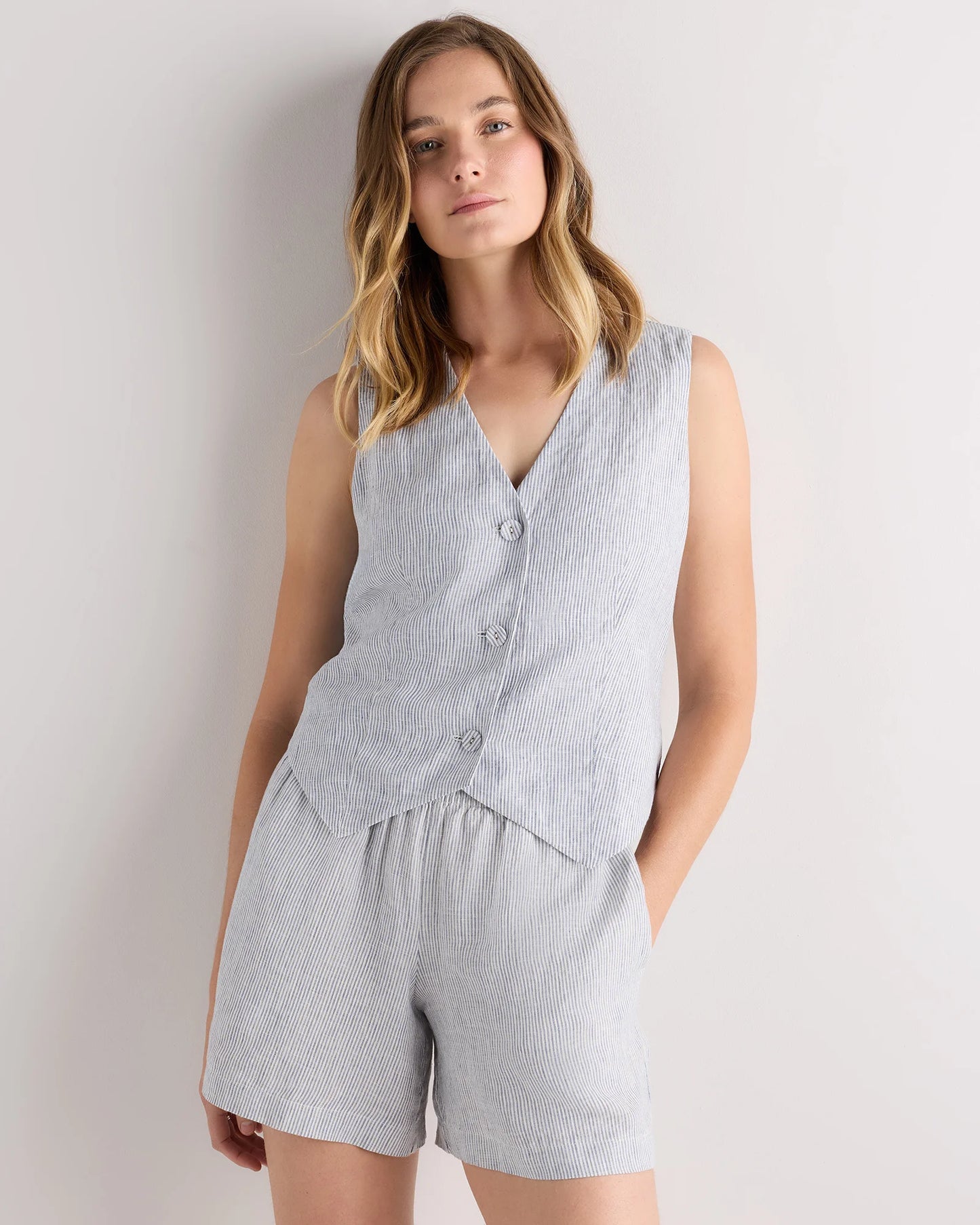 100% European Linen Vest - XS / Blue Pinstripe
