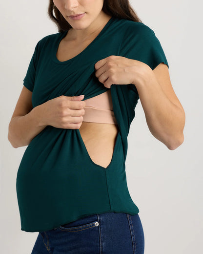 Bamboo Jersey Nursing Scoop Neck Tee - XS / Nocturnal Green